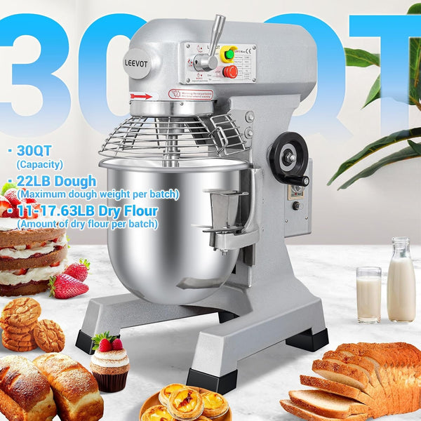 Commercial Food Mixer 30Qt with 3-Speed Adjustment, 1250W Commercial Mixer with Timer, Heavy Duty. Commercial Dough Mixer with Stainless Steel Bowl, Suitable for Bakeries and Pizzerias2