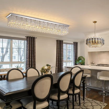 Rectangular Chandelier, Modern Dining Room Light Fixture with Raindrop Chandelier Crystals, 13-Light Flush Mount Rectangle Chandelier for Dining Room Kitchen,Chrome Finish L59'' X W10'' X H9''8
