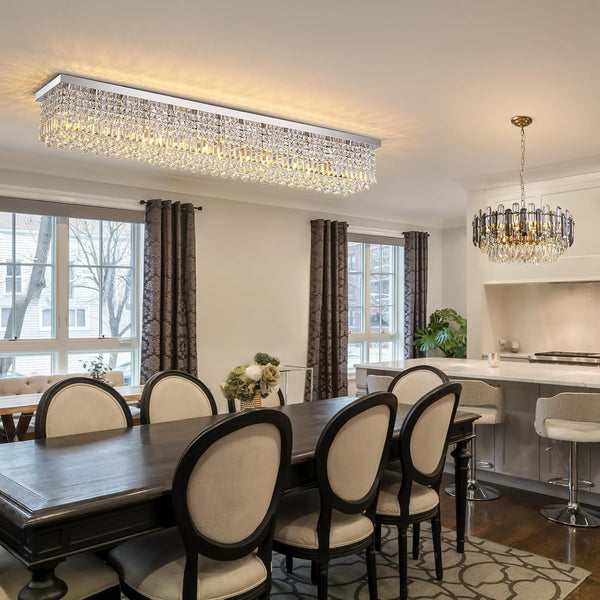 Rectangular Chandelier, Modern Dining Room Light Fixture with Raindrop Chandelier Crystals, 13-Light Flush Mount Rectangle Chandelier for Dining Room Kitchen,Chrome Finish L59'' X W10'' X H9''8