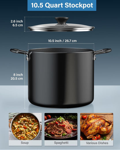 10.5 Quart Non Stick Stock Pot with Lid, Large Pots for Cooking | Nonstick Soup Pot, Stockpot Induction Cookware - Oven & Dishwasher Safe, Black8