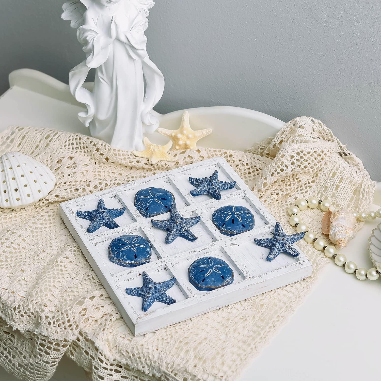beach-decor-tic-tac-toe-5-sand-dollars-5-starfish-pieces-wood-board-travel-game-for-coastal-house-coffee-table-decor-blue