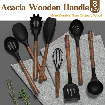Silicone Cooking Utensil Set,  8-Piece Kitchen Utensils Set with Natural Acacia Wooden Handles,Food-Grade-Silicone Kitchen Gadgets Spatulas Set for Nonstick Cookware- Black2