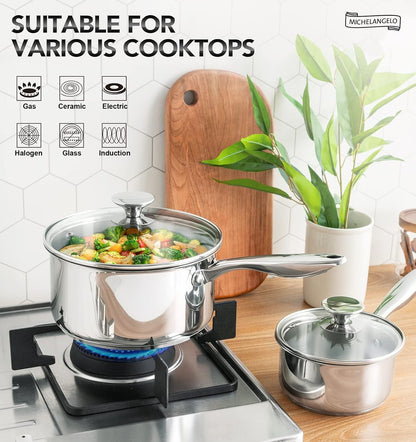 Tri-Ply Stainless Steel 4 Qt Saucepan with Glass Lid, 4 Quart Pot with No Coating, Even Heating, for All Cooktops & Induction Compatible - Silver3