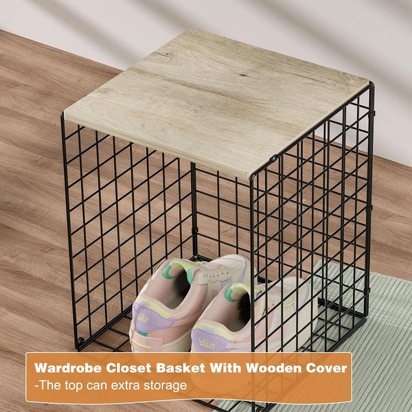 3-Pack Taller Closet Organizers and Storage with Wood Top, Stackable Wire Storage Bins for Clothes, Bags, Towels, Double Storage Design, Sturdy Metal Cube Shelf Organizer for Closet Wardrobe, Black7