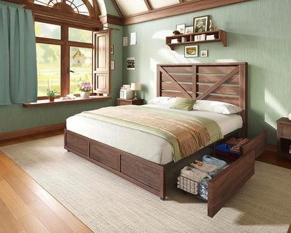 King Size Farmhouse Storage Bed Frame with Headboard & 4 Drawers5