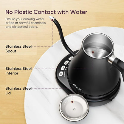 Gooseneck Electric Kettle with Temperature Control, 0.8L, Black | No Plastic Contact with Water, 5 Presets, 60-Min Keep Warm, Pour over Coffee & Tea, Stainless Steel Interior, 1200W6