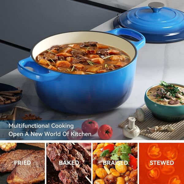 6 Quart Enameled Dutch Oven Pot with Lid, Cast Iron Dutch Oven with Dual Handles for Bread Baking, Cooking, Non-Stick Enamel Coated Cookware (Dark Blue)6