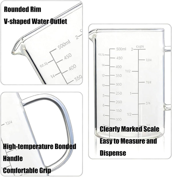 Glass Measuring Cup with Handle, 500 ML High Borosilicate Glass Three Scales (OZ, Cup, ML/CC) Easuring Beaker for Kitchen or Restaurant, V-Shaped Spout Glass Measuring Beaker, Easy to Read6
