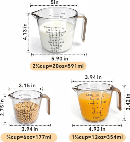 Measuring Cups Set, 3PCS with Pour Spout & Handle, Multi-Scale (Cup | Oz | Ml) Stackable Liquid & Dry Plastic Measuring Tools for Baking Cooking, Essential Kitchen Gadgets (Coffee Brown)2