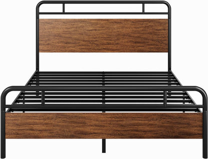 Full Size Industrial Bed Frame with Wood Panels, Walnut8