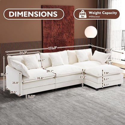 111.4" L Shaped Modern Sofa Modular Sectional Cloud Couch with Ottoman, 4-Seat Chenille Deep Seat Sofa with Pillow for Living Room, Bedroom and Apartment, Beige6