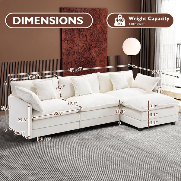 111.4" L Shaped Modern Sofa Modular Sectional Cloud Couch with Ottoman, 4-Seat Chenille Deep Seat Sofa with Pillow for Living Room, Bedroom and Apartment, Beige6