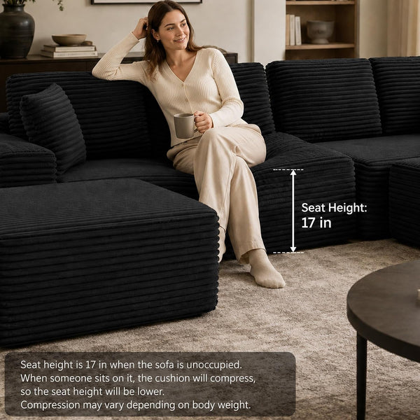 125" Oversized Sectional Couches for Living Room, Modern Boneless Cloud Couch with Ottoman,Usb Port&Cup Holders, Comfy Corduroy Modular Sectional U Shape Sofa Couch for Apartment,Black Couch in a Box5