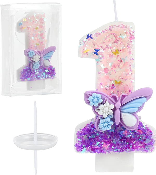 Birthday Number Candles Pink and Purple Butterfly Birthday Candles for Cake Glitter Number 1 Candle Cake Topper with Sequins for Girls and Women Anniversary Celebrations Supplies1