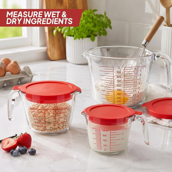 6 Pcs Glass Measuring Cups with Lids Set,(1-Cup, 2-Cup, 4-Cup) Measuring Cups for Prepping, Baking and Cooking, Preheated Oven, Dishwasher, Freezer, and Microwave Safe, Heat-Resistant7