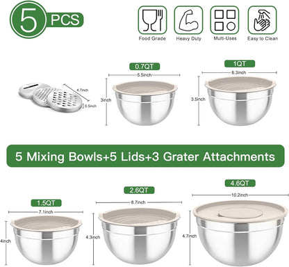 Mixing Bowls with Lids, 5PCS Stainless Steel Metal Salad Bowl2