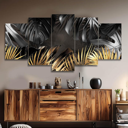 Black and Gold Leaves Painting Wall Decor for Living Room Nature Canvas Art Modern Artwork Framed Prints for Home Bedroom Picture Poster 5 Pieces Ready to Hang (12"X20"X2Pcs+12"X28"X2Pcs+12"X32")5