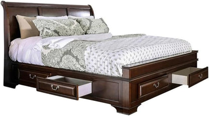 Transitional Wood Queen Storage Platform Bed, Brown Cherry Finish, 91.75" L X 64.75" W X 54" H, 6 Drawers, Arched Panel Headboard, Solid Wood Frame, Durable MDF Slats, Bedroom Furniture1