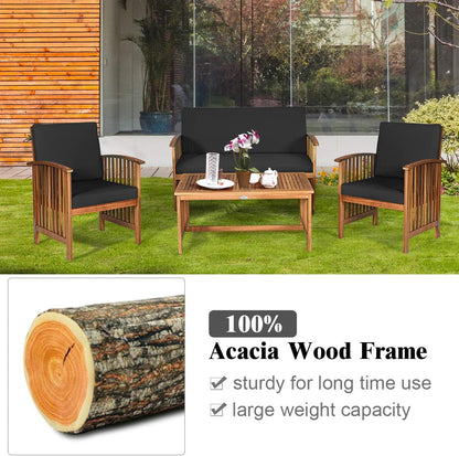 Outdoor 4 PCS Acacia Wood Sofa Set W/Water Resistant Cushions, Padded Patio Seating Chat Set W/Coffee Table for Garden, Backyard, Poolside (1, Black)6
