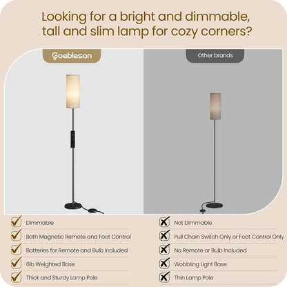 64.4” Slim Floor Lamp for Living Room with Magnetic Remote and Foot Switch, Dimmable Standing Tall Lamp Mood for Bedroom Nursery, 3 Color Temperatures, 1-Hour Timer,900Lm Bulb Included,Beige E06LD05W17
