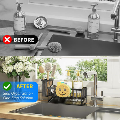 Kitchen Sink Caddy Organzier with High Brush Holder, Sponge Holder for Sink, 304 Rustproof Stainless, Kitchen Countertop Soap Dispenser Organizer (Black with Smiley Face Holder, 9.25″)6