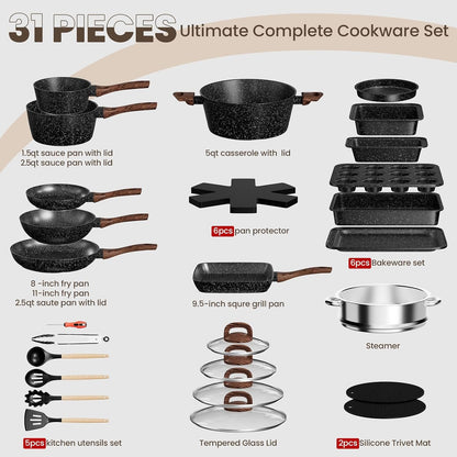 Pots and Pans Set Non Stick, 31 Piece Kitchen Induction Cookware & Bakeware Set, Nonstick Kitchen Cooking Pans Set with Frying Pans Set Grill Pan Saucepan Baking Sheet & Utensils, PFOA Free2