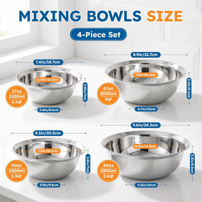 304 Stainless Steel Bowls, Stackable 4Pcs (1.1, 1.5, 2 & 2.6 Qt)2