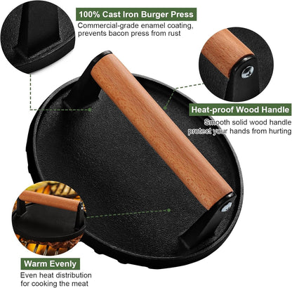 Burger Press, 7" round Heavy-Duty Cast Iron Smash Bacon Press Meat Steak with Wood Handle for Griddle, Sandwich, Nonstick Pan3