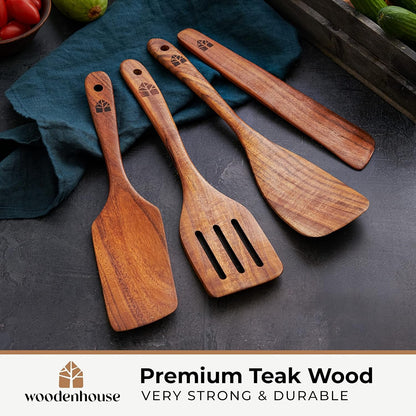 Wooden Spatula for Cooking, Teak Wood Set of 4 for Non Stick Frying Pan | Includes Paddle, Turner, Slotted Spurtle & Scraper – Long Ergonomic Handles, Scratch-Free Design3
