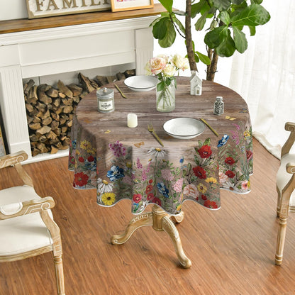 Spring Tablecloth 90 X 90 Inch round Flowers Brown Wood Grain2