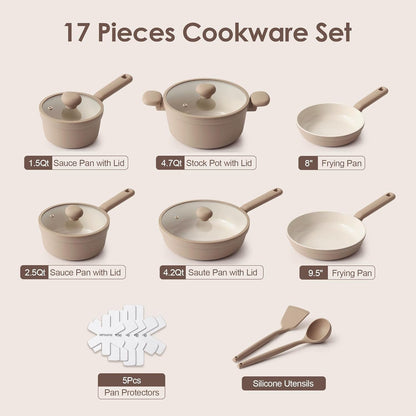 Ceramic Nonstick Pots and Pans Set 17Pcs Taupe | Healthy Nontoxic Ceramic Coating, Compatible with All Stoves Including Induction Cooktops, PFAS PTFE PFOA PFOS Free2