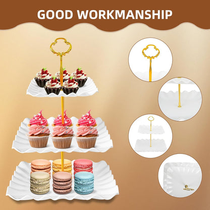 10 Pack Dessert Table Display Set, 4 Three-Tier Square Cupcake Stands and 6 Serving Trays for Cakes, Cupcakes, Pastries and Snacks, Baby Shower Decorations, Bridal Shower, Birthday, Wedding Party5