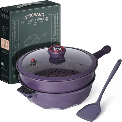 11 Inch Nonstick Frying Pan with Lid,8-In-1 Multipurpose Cookware | 5 Qt Deep Sauté Pan Skillet with Steamer, Pfoa-Free, Dishwasher & Oven Safe, Induction Compatible, Stay-Cool Handle,Purple1