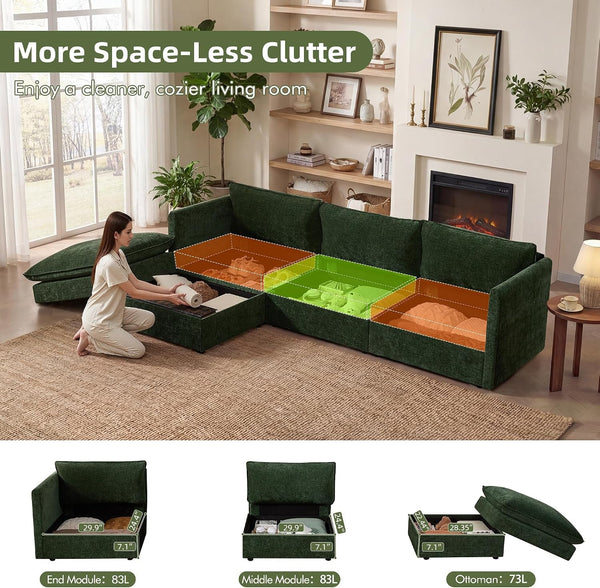 Modular Sectional Sofa with Storage Ottomans,103" L-Shaped Cloud Couch,Comfy Modern Couches with Pillows & Upholstered Deep Seat Cushion for Apartment Living Room Bedroom（Green）4