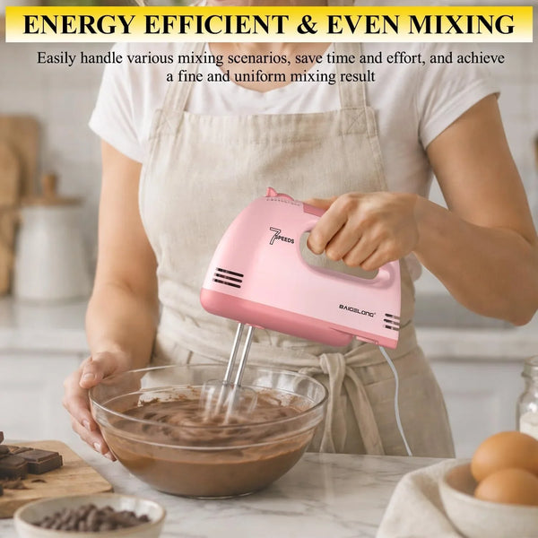 Hand Mixer. 7-Speed Adjustable Kitchen Electric Mixer. with 5 Stainless Steel Attachments: 2 Hooks, 2 Beaters, 1 Whisk. Comes 1 Storage Box. Perfect for Bakers and New Starters. Pink4