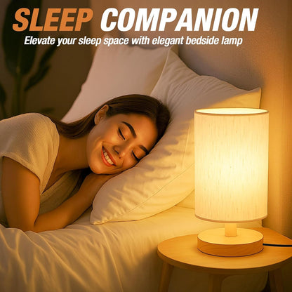 Desk Lamp LED Bulb Included, Small Bedside Table Lamp Plug-In - Classic Wood Base with Flaxen Fabric Shade, Lamps for Night Stands, Simple Nightstand Light for Bedroom, Office, Desk7