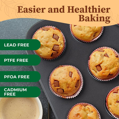 2-Pack 12-Cup Muffin Pan Set, Carbon Steel Nonstick Cupcake Tin | Includes 200 Liners, Durable Carbon Steel, Nonstick Release, for Cupcakes, Muffins, Egg Bites, Brownies, Oven Safe 450°F6