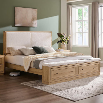 King Bed Frame W/Upholstered Headboard,Storage Bench,Natural Oak8