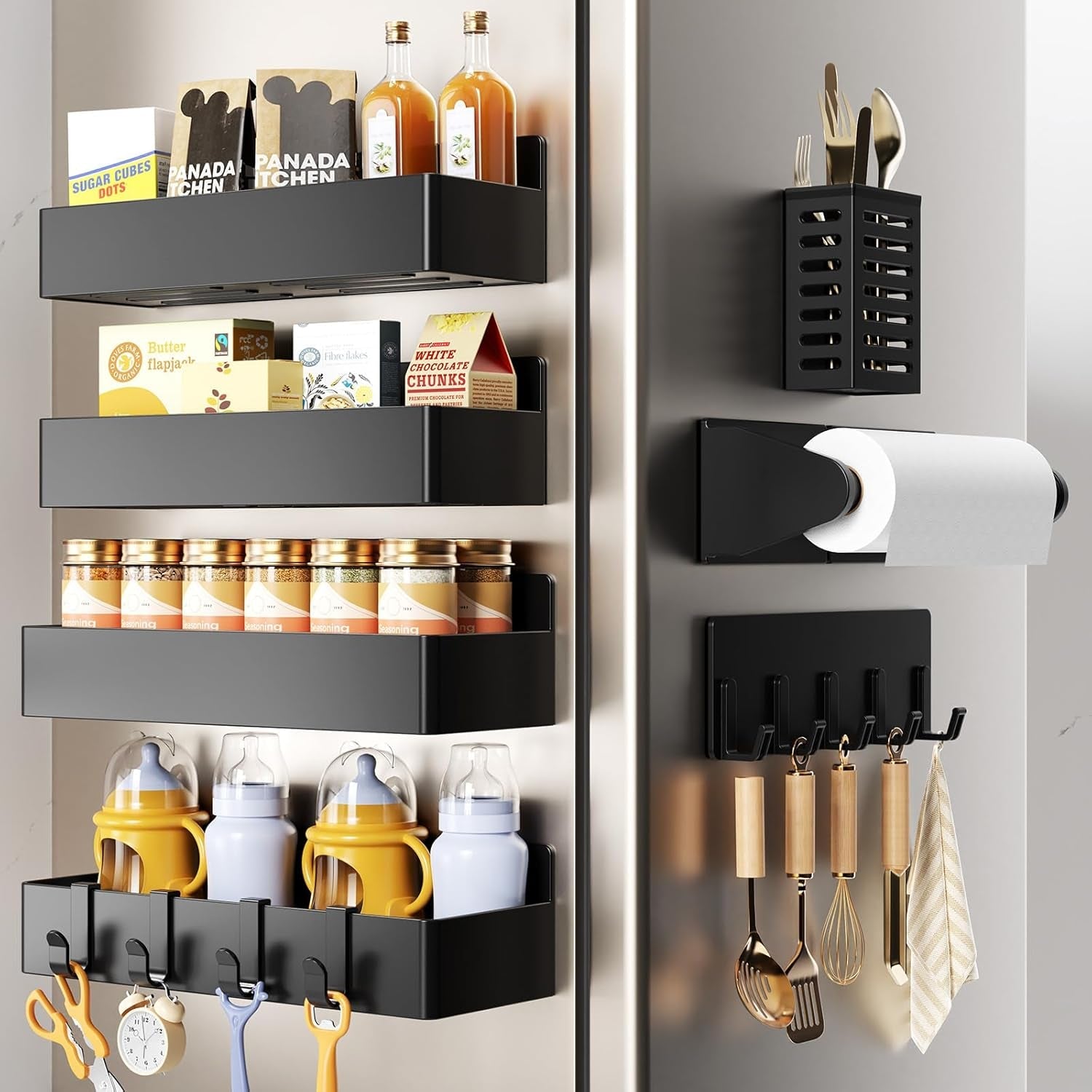 magnetic-spice-rack-for-refrigerator-7-pack-magnetic-shelf-fridge-magnet-organizer-with-paper-towel-holder-utensils-racks-hook-rack-fridge-organizers-and-storage-black7-pack