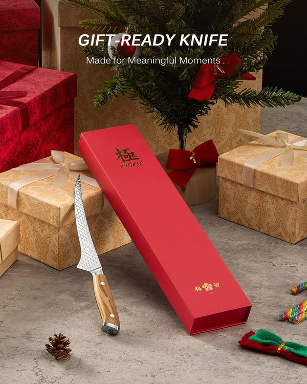 7 In. Japanese Fillet Knife, Koi Series Fish Boning Knife with Olive Wood Handle Koi Scale Pattern, High Carbon Stainless Steel Full Tang Fish Deboning, with Protective Sheath & Gift Box8