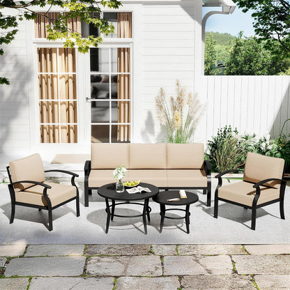 Aluminum Patio Furniture Set with 2 round Coffee Tables, 5 Seats Outdoor Patio Conversation Sets W/5.1" Cushions,Patio Conversation Sets for Garden, Backyard, Porch-Sand1