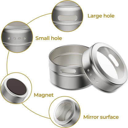 Set of 16 Magnetic Spice Tins with 4 Metal Wall-Plates,100 Preprinted Seasoning Label Stickers,2 Styles for 3 Oz Herb Jars3