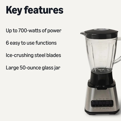 Powerful 700W Countertop Blender with 6-Cup (50 Fl. Oz) Glass Jar, 6 Pre-Programmed Functions, Ice Crush, Stainless Steel Blades, Black & Silver2
