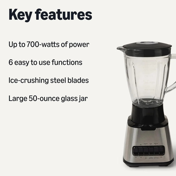 Powerful 700W Countertop Blender with 6-Cup (50 Fl. Oz) Glass Jar, 6 Pre-Programmed Functions, Ice Crush, Stainless Steel Blades, Black & Silver2