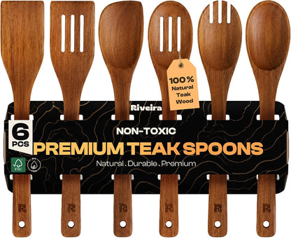 Teak Wooden Spoons for Cooking Set of 6 – Natural Teak Wooden Cooking Utensils, Wooden Spatula, Wooden Spoon - Premium Quality Utensil Set for Non-Toxic Cooking1