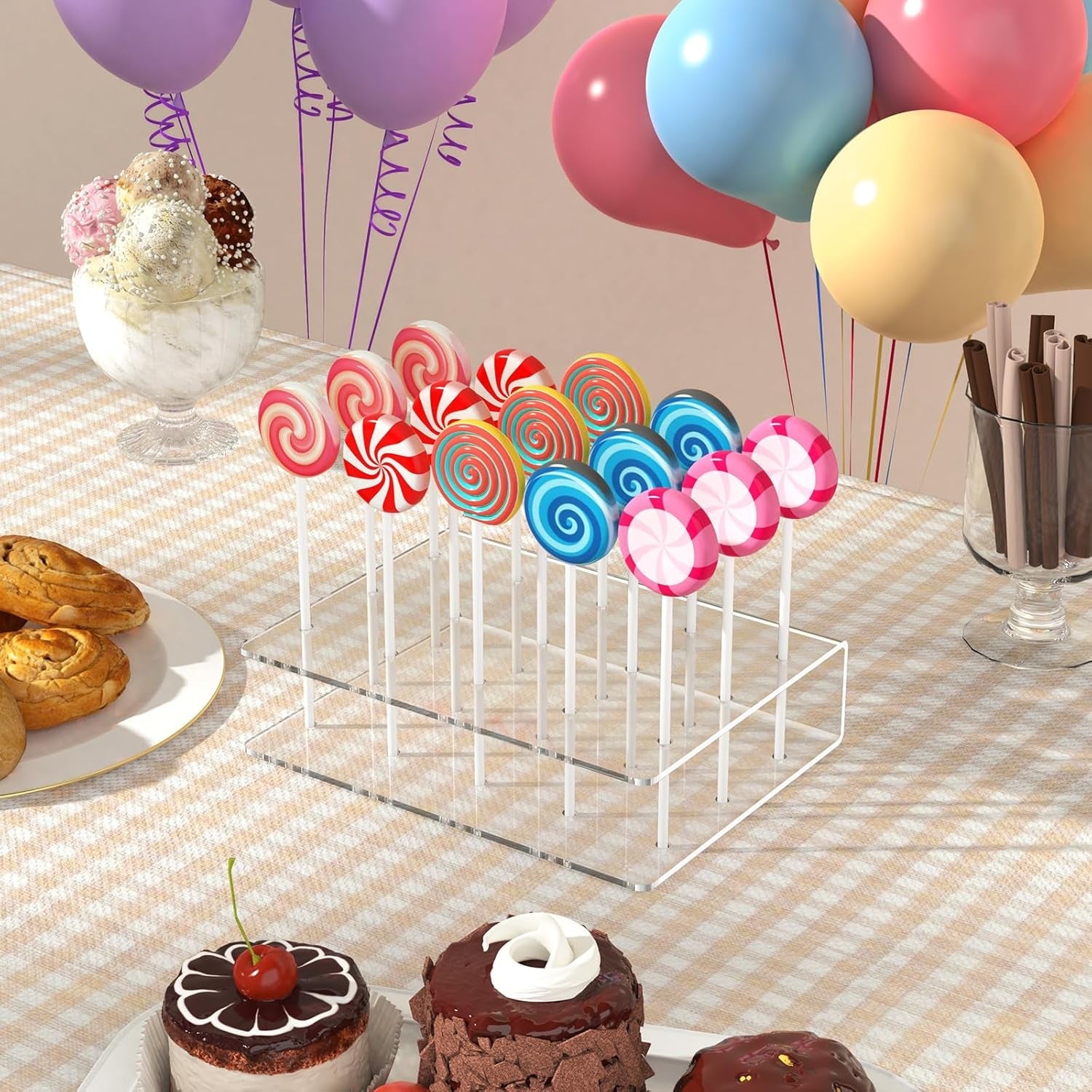2-pack-cake-pop-stand-with-sticks-kit-acrylic-lollipop-hold-stand-clear-cake-pop-display-holder-15-holes-candy-pop-holder-with-100-pcs-sticks-100-pcs-clear-wrappers-100-pcs-gold-twist-ties