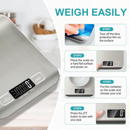 Food Scale, 11Lb Kitchen Scale with 6 Units Tare Function & LCD Display, 0.05Oz/1G Stainless Steel Digital Food Scale Grams and Ounces for Baking, Cooking, Dieting and Meal Prep (Batteries Included) | 6 Conversion Units,Automatic Overload,Low Battery Warning Modes,2*Aaa Batteries,For Baking, Cooking,Dieting and Meal Prep5