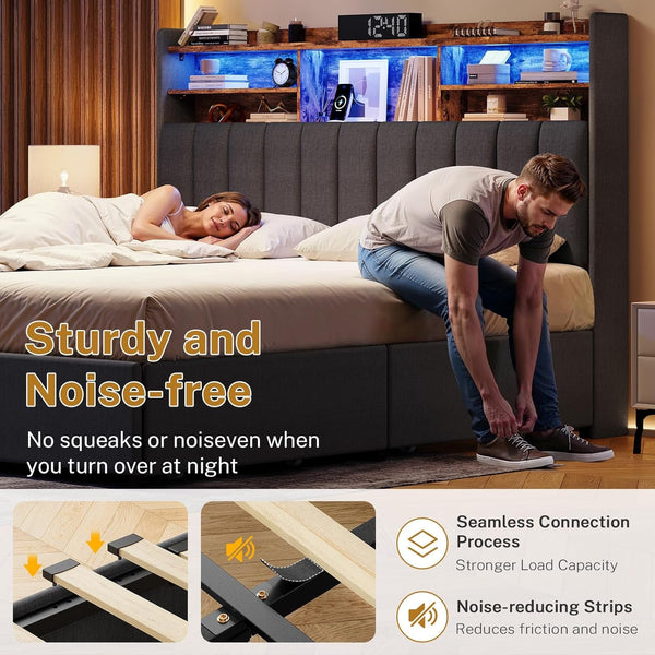 Queen Bed Frame with Headboard and 4 Drawers Storage, Bed Frame Queen Size Built in LED Lights and Charging Station, Sturdy & Noise-Free Upholstered Platform Metal Support Bed, Dark Grey3