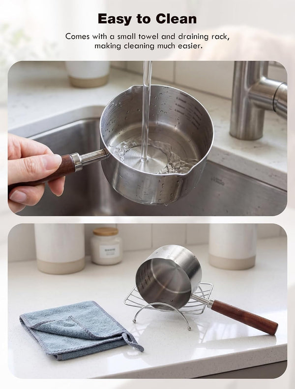Dog Food Scoop 1 Cup with Cleaning Towel and Drying Rack, 304 Stainless Steel Dog Food Measuring Cup with Walnut Handle, Dishwasher Safe Pet Food Scoop for Dogs and Cats5