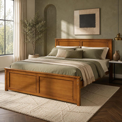 Walnut Full Size Wood Bed Frame with Headboard Under-Bed Storage Space8